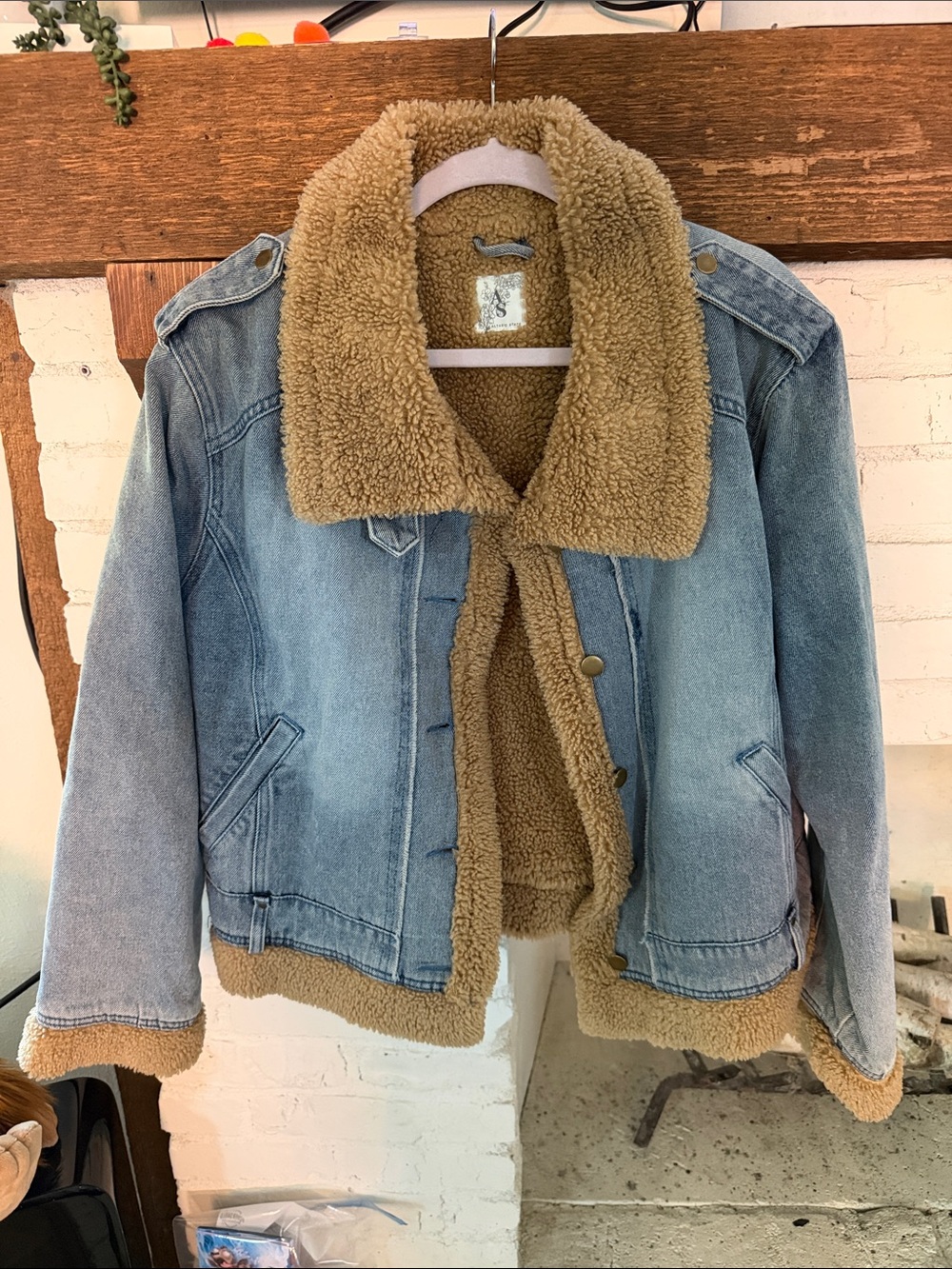 Altar'd State Light Blue Denim Sherpa Jacket with Tan Lining